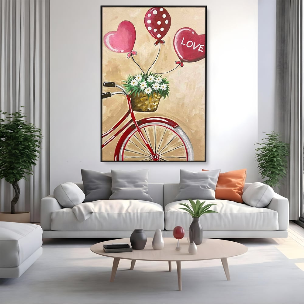 Tablou canvas cu pictura cu bicicleta vintage si baloane, in rama de aluminiu negru, pe perete intr-un living